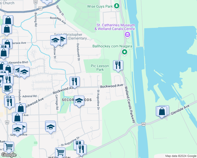 map of restaurants, bars, coffee shops, grocery stores, and more near 14 Deborah Court in St. Catharines