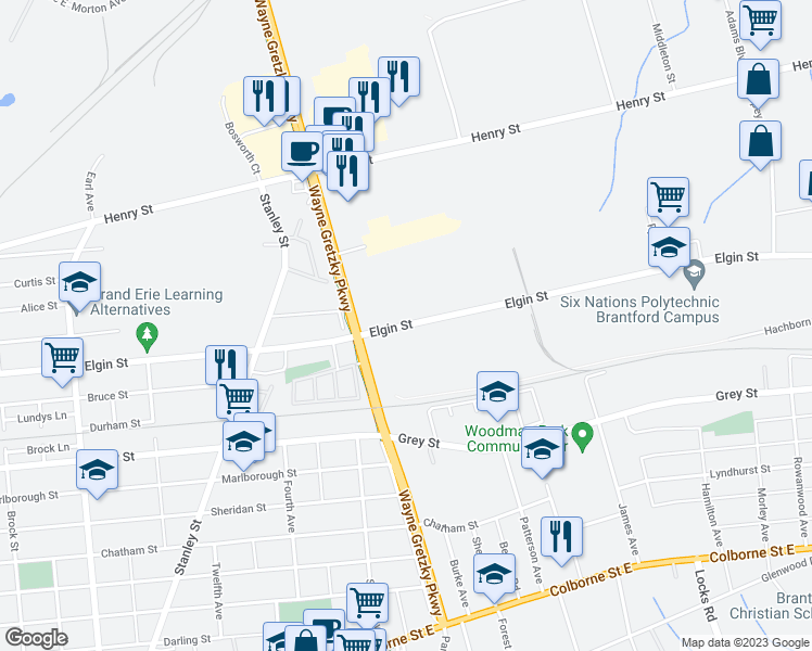 map of restaurants, bars, coffee shops, grocery stores, and more near Elgin Street in Brantford