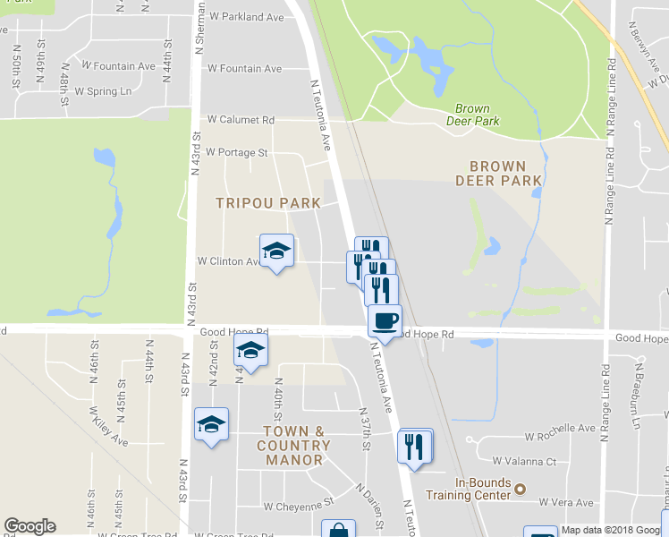 map of restaurants, bars, coffee shops, grocery stores, and more near 3729 West Clinton Avenue in Milwaukee