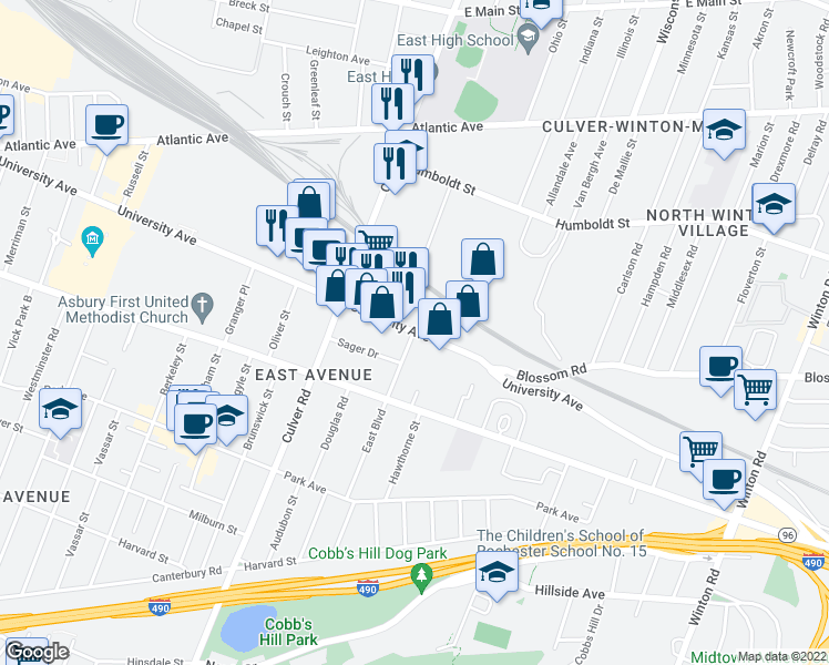 map of restaurants, bars, coffee shops, grocery stores, and more near University Avenue & East Boulevard in Rochester