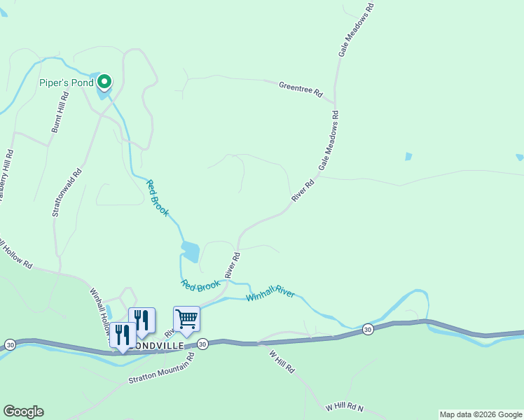 map of restaurants, bars, coffee shops, grocery stores, and more near 481-679 River Road in Winhall