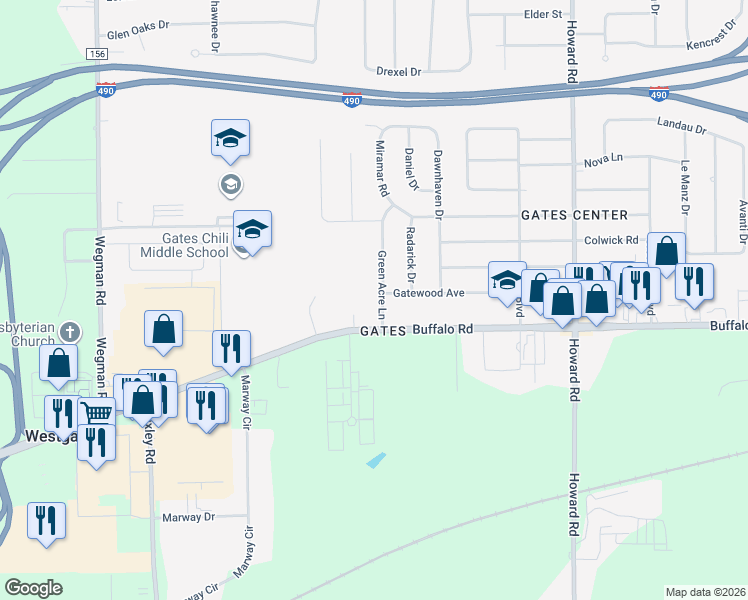 map of restaurants, bars, coffee shops, grocery stores, and more near 9 Green Acre Lane in Rochester