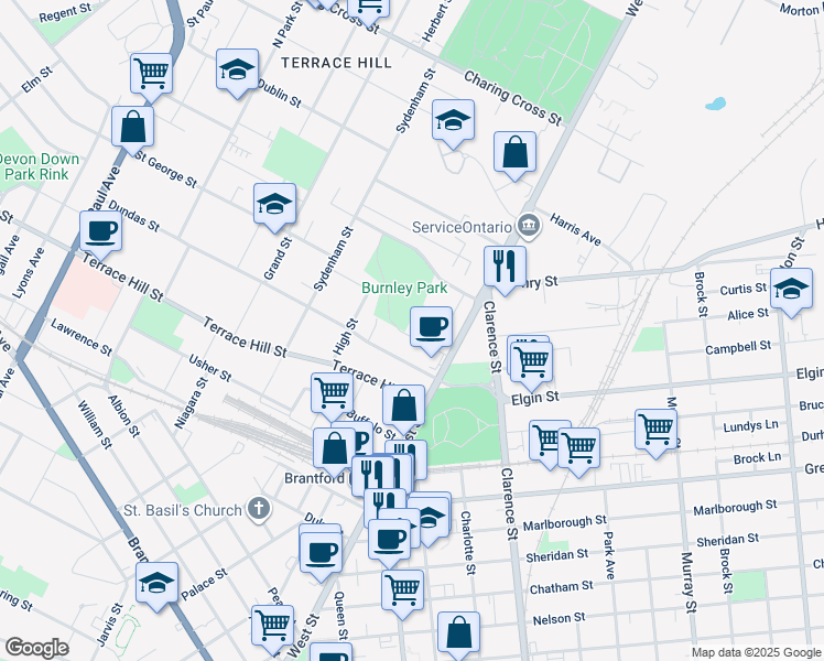 map of restaurants, bars, coffee shops, grocery stores, and more near 19 Burnley Avenue in Brantford