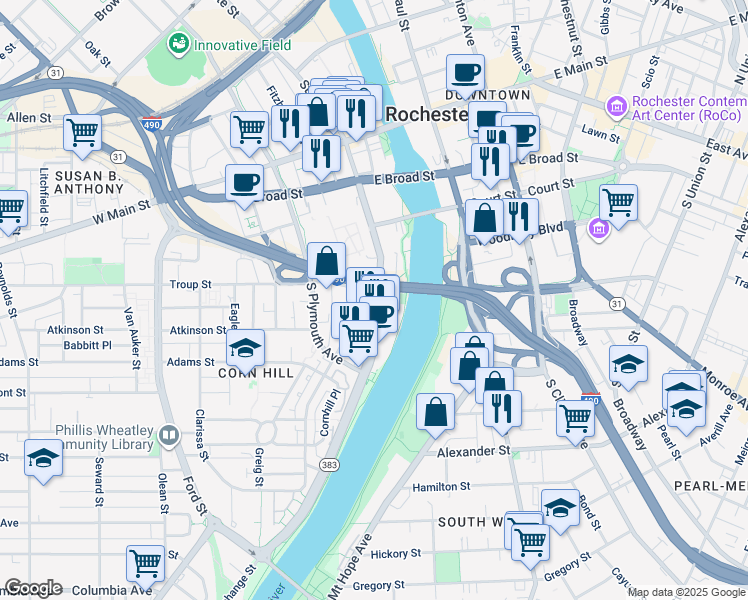 map of restaurants, bars, coffee shops, grocery stores, and more near 134 South Fitzhugh Street in Rochester