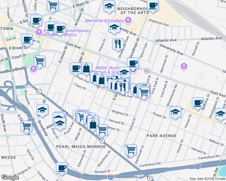 map of restaurants, bars, coffee shops, grocery stores, and more near 206 Park Avenue in Rochester
