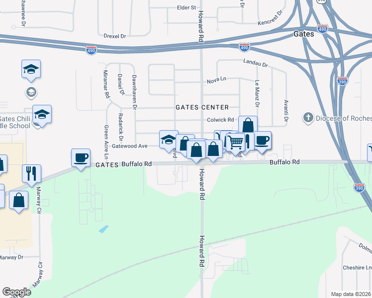 map of restaurants, bars, coffee shops, grocery stores, and more near 155 Gatewood Avenue in Rochester