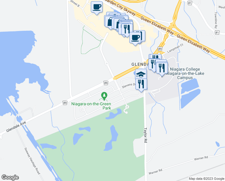 map of restaurants, bars, coffee shops, grocery stores, and more near 18 Young Crescent in Niagara-on-the-Lake