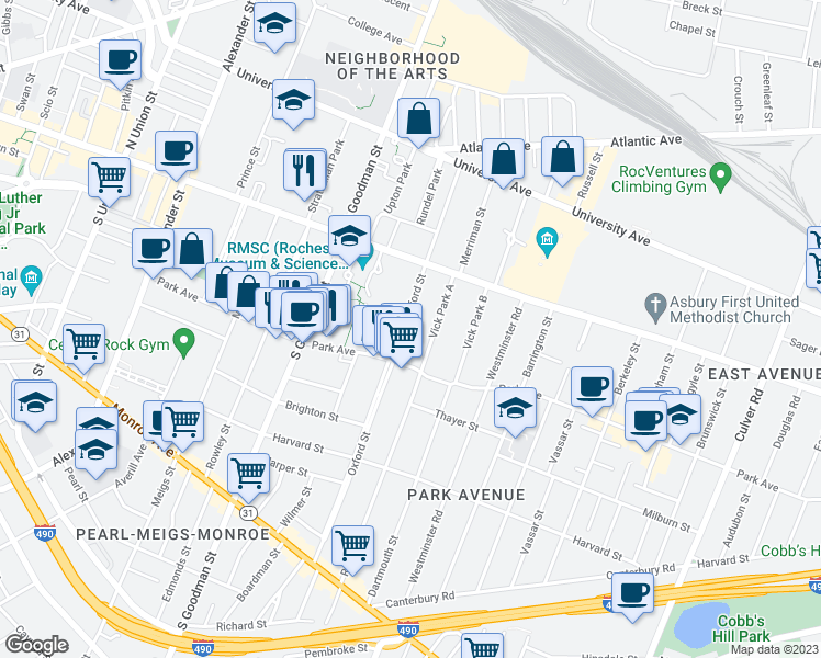 map of restaurants, bars, coffee shops, grocery stores, and more near 230 Oxford Street in Rochester