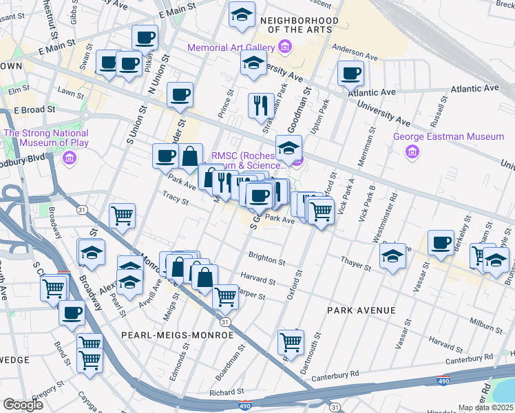 map of restaurants, bars, coffee shops, grocery stores, and more near 206 Park Avenue in Rochester