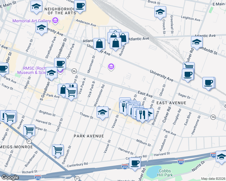 map of restaurants, bars, coffee shops, grocery stores, and more near 935 East Avenue in Rochester