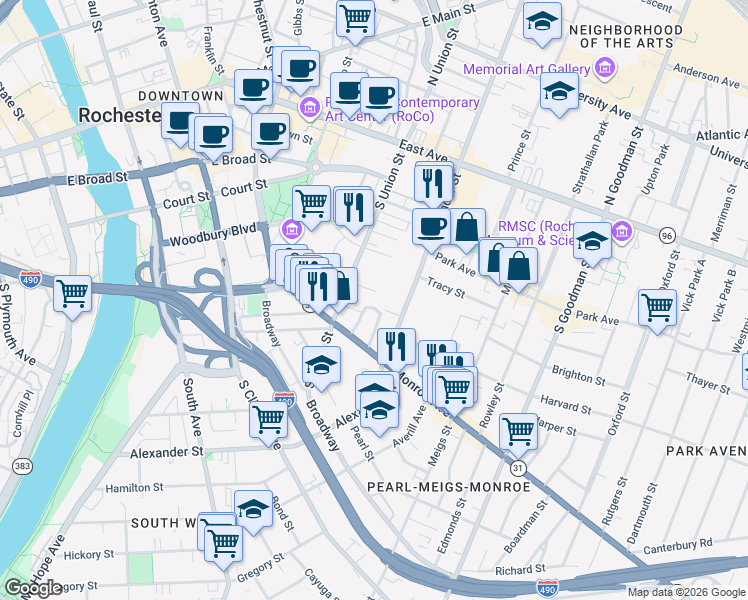 map of restaurants, bars, coffee shops, grocery stores, and more near 16 Lafayette Park in Rochester