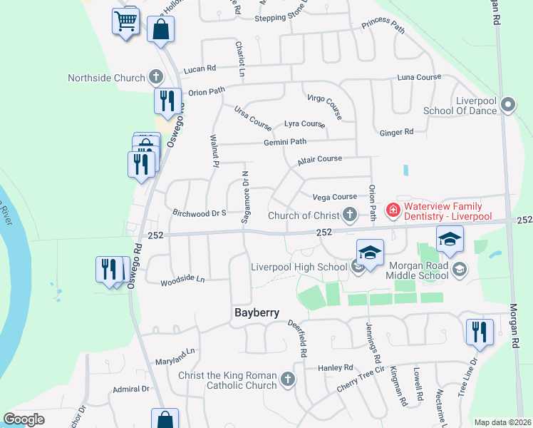 map of restaurants, bars, coffee shops, grocery stores, and more near 4185 Wetzel Road in Liverpool