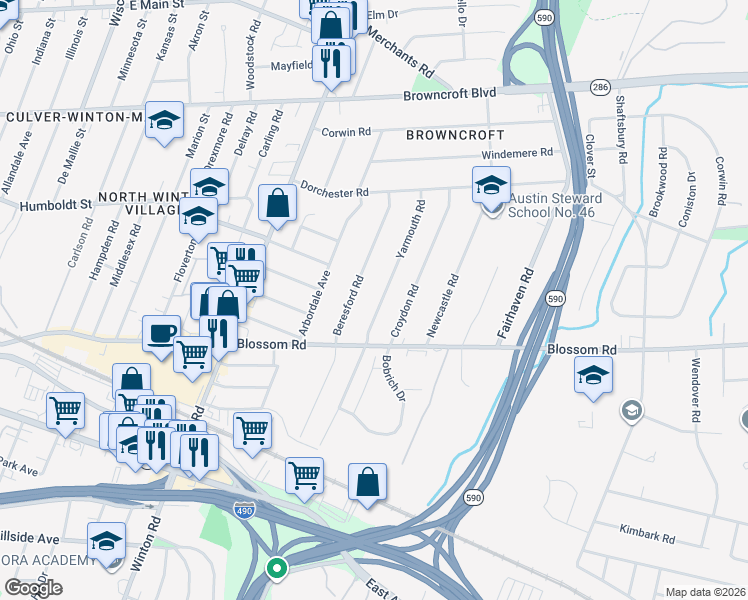 map of restaurants, bars, coffee shops, grocery stores, and more near 249 Yarmouth Road in Rochester