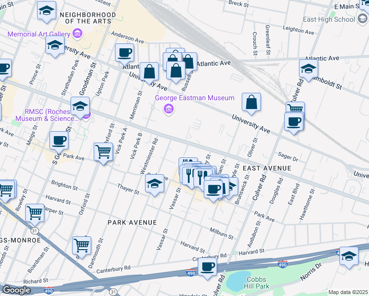map of restaurants, bars, coffee shops, grocery stores, and more near 973 East Avenue in Rochester
