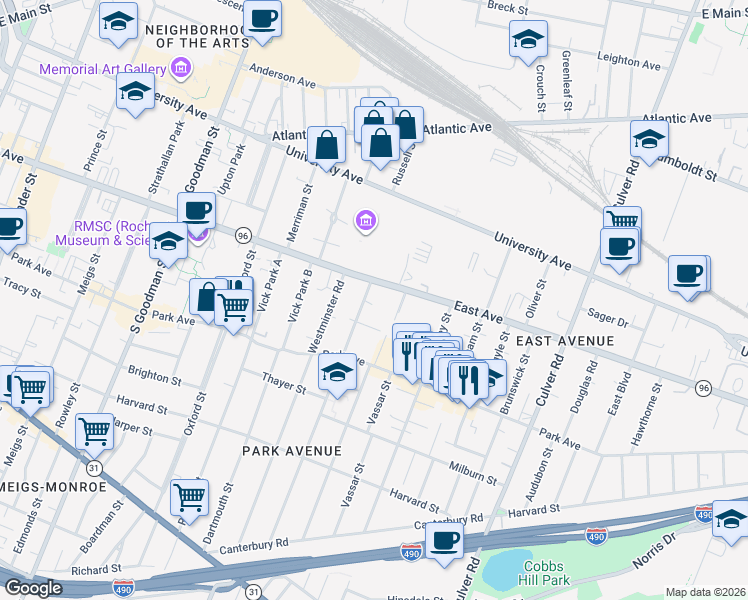 map of restaurants, bars, coffee shops, grocery stores, and more near 935 East Avenue in Rochester