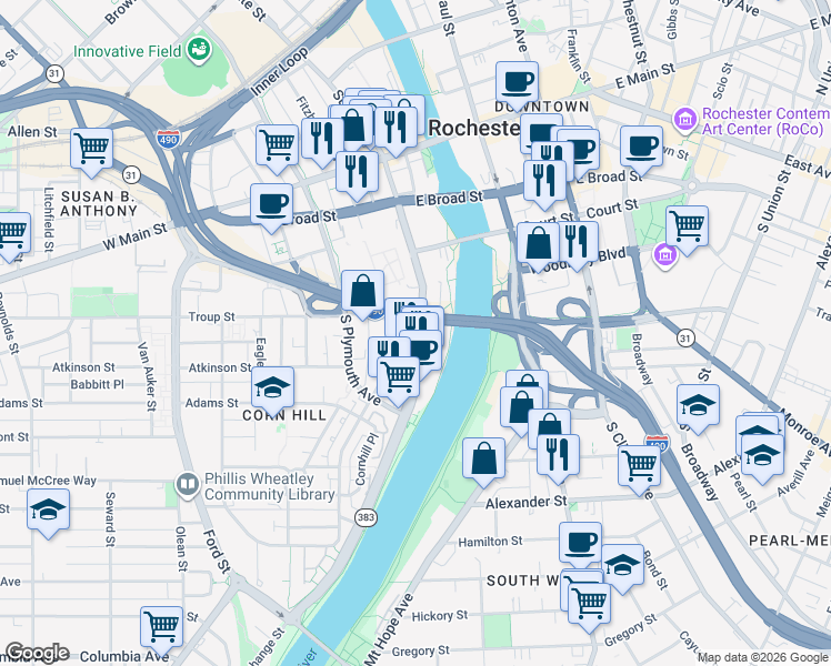 map of restaurants, bars, coffee shops, grocery stores, and more near 134 South Fitzhugh Street in Rochester