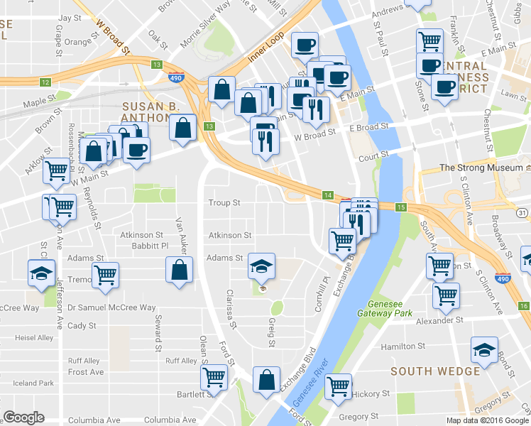map of restaurants, bars, coffee shops, grocery stores, and more near 91 South Washington Street in Rochester