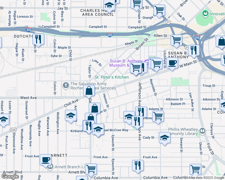 map of restaurants, bars, coffee shops, grocery stores, and more near 7 Edgewood Park in Rochester