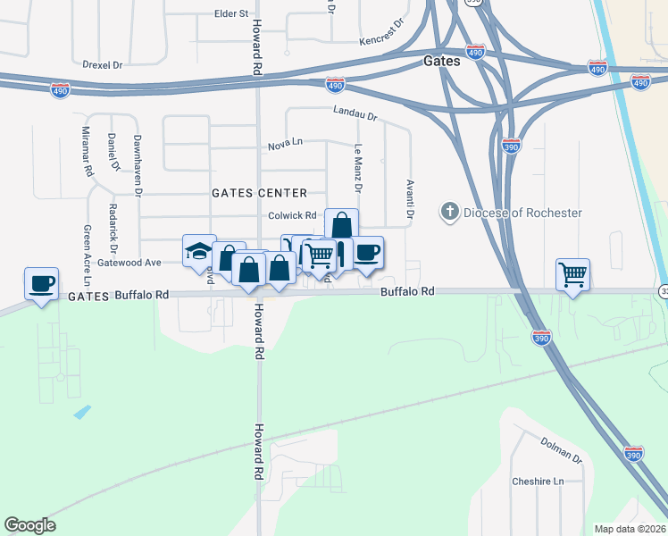 map of restaurants, bars, coffee shops, grocery stores, and more near 336 Crestwood Boulevard in Rochester