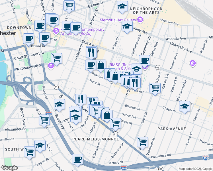 map of restaurants, bars, coffee shops, grocery stores, and more near 33 Tracy Street in Rochester