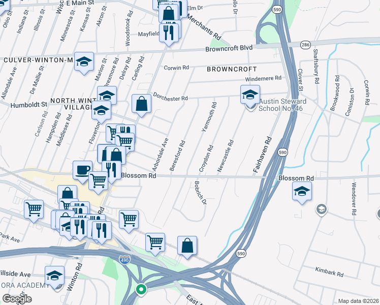 map of restaurants, bars, coffee shops, grocery stores, and more near 249 Yarmouth Road in Rochester