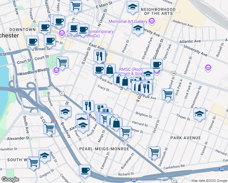 map of restaurants, bars, coffee shops, grocery stores, and more near 32 Tracy Street in Rochester