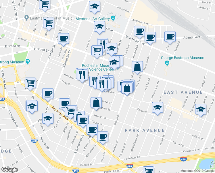 map of restaurants, bars, coffee shops, grocery stores, and more near 34 South Goodman Street in Rochester