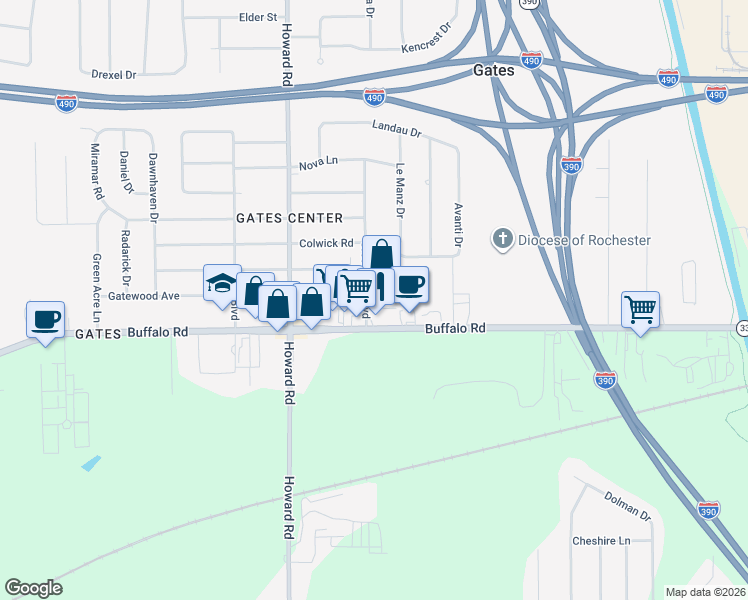 map of restaurants, bars, coffee shops, grocery stores, and more near 336 Crestwood Boulevard in Rochester