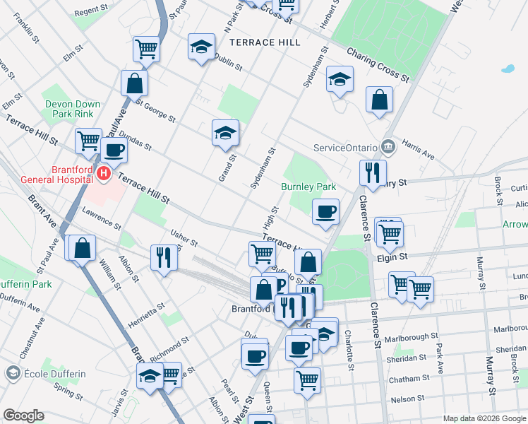map of restaurants, bars, coffee shops, grocery stores, and more near 8 Dundas Street in Brantford
