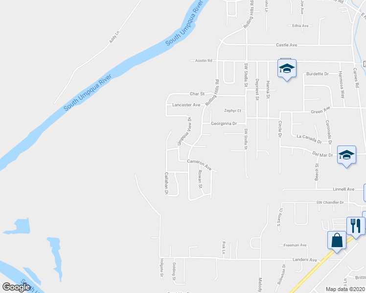 map of restaurants, bars, coffee shops, grocery stores, and more near 115 Silverado St in Roseburg