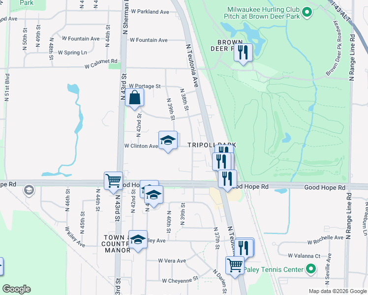 map of restaurants, bars, coffee shops, grocery stores, and more near 3829 West Clinton Avenue in Milwaukee