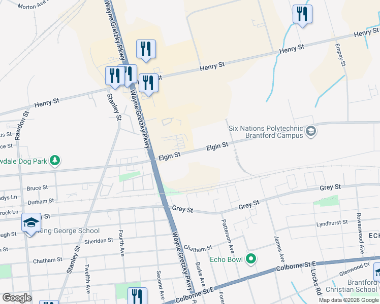map of restaurants, bars, coffee shops, grocery stores, and more near Elgin Street in Brantford