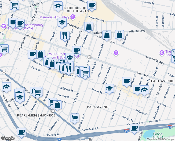 map of restaurants, bars, coffee shops, grocery stores, and more near 240 Oxford Street in Rochester