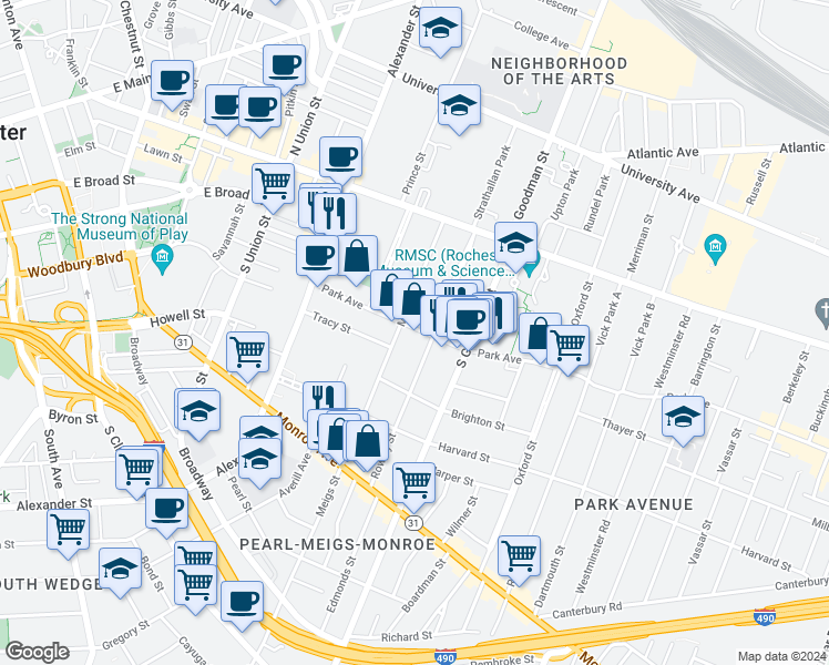 map of restaurants, bars, coffee shops, grocery stores, and more near in Rochester