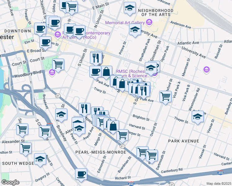 map of restaurants, bars, coffee shops, grocery stores, and more near 33 Tracy Street in Rochester