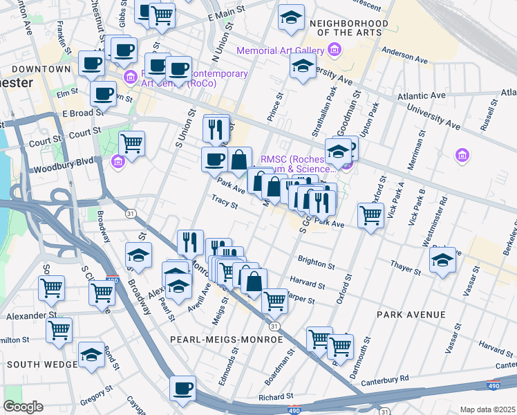map of restaurants, bars, coffee shops, grocery stores, and more near 33 Tracy Street in Rochester