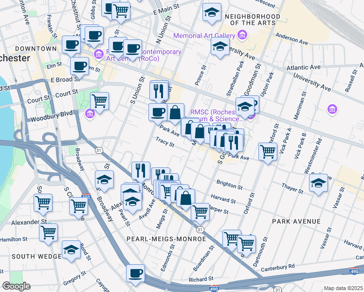 map of restaurants, bars, coffee shops, grocery stores, and more near 33 Tracy Street in Rochester