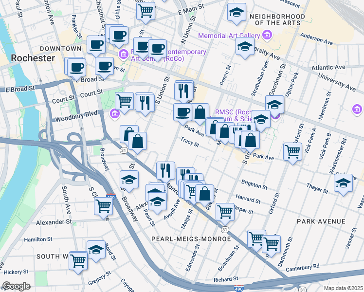 map of restaurants, bars, coffee shops, grocery stores, and more near 230-250 Alexander Street in Rochester