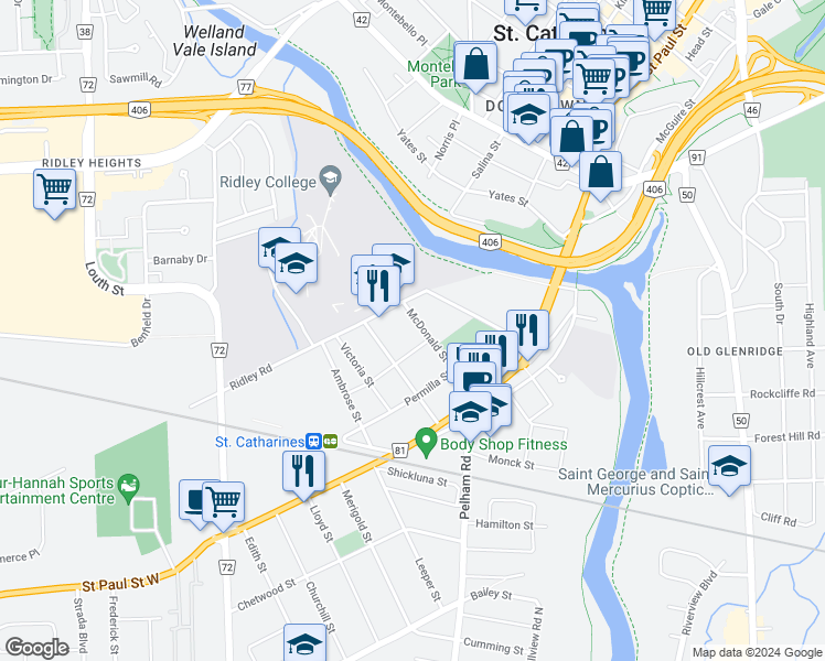 map of restaurants, bars, coffee shops, grocery stores, and more near in St. Catharines