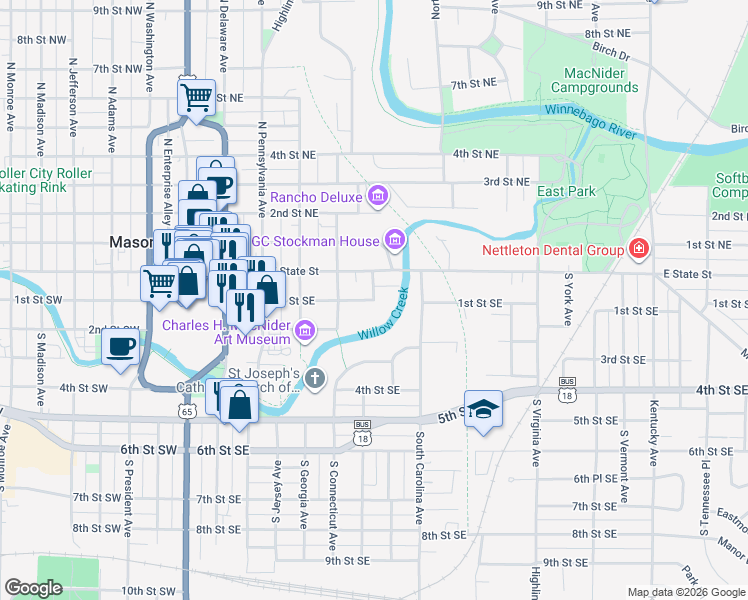 map of restaurants, bars, coffee shops, grocery stores, and more near 125 Rock Glen in Mason City
