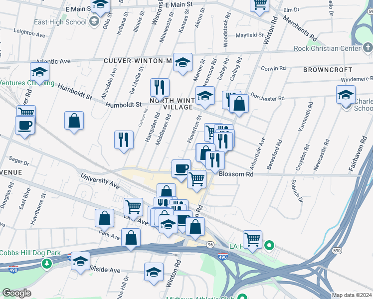 map of restaurants, bars, coffee shops, grocery stores, and more near 92 Harris Park in Rochester