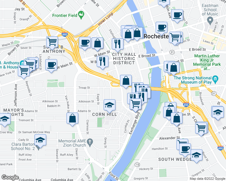 map of restaurants, bars, coffee shops, grocery stores, and more near 225 South Plymouth Avenue in Rochester