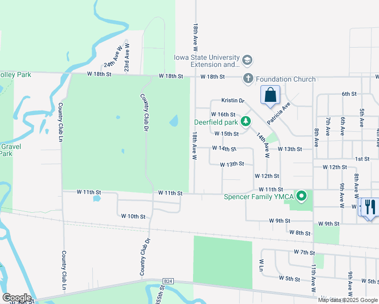 map of restaurants, bars, coffee shops, grocery stores, and more near 1305 18th Avenue West in Spencer