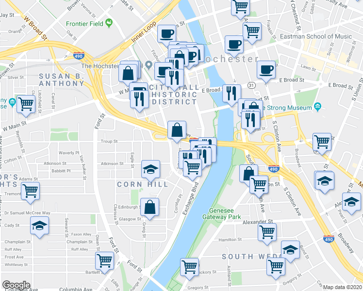 map of restaurants, bars, coffee shops, grocery stores, and more near 133 South Fitzhugh Street in Rochester