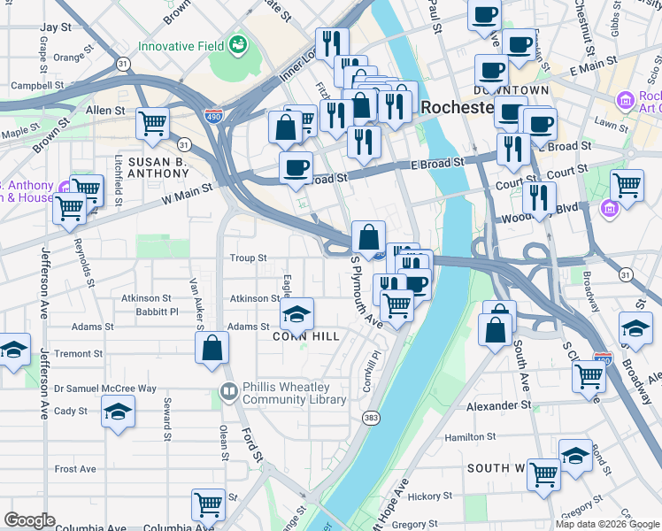 map of restaurants, bars, coffee shops, grocery stores, and more near 225 South Plymouth Avenue in Rochester