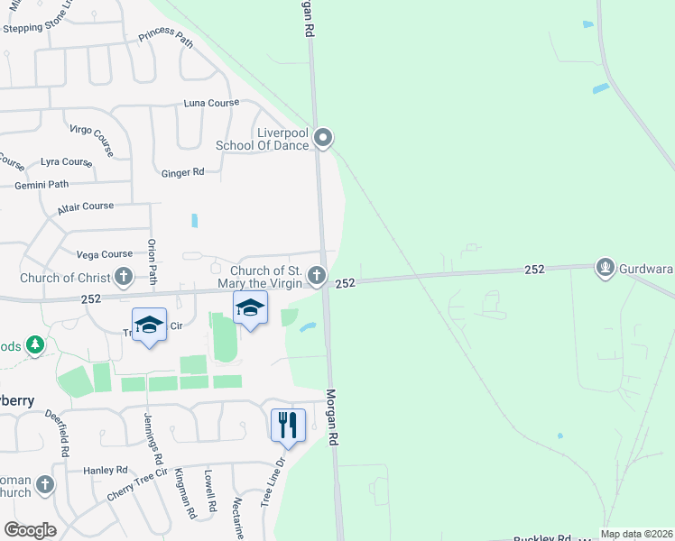 map of restaurants, bars, coffee shops, grocery stores, and more near 7831 Morgan Road in Liverpool
