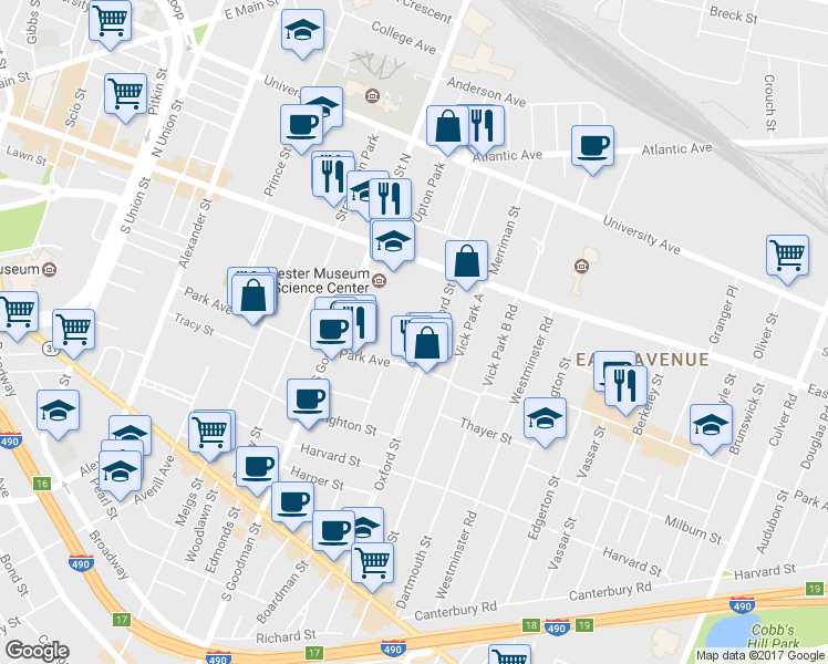 map of restaurants, bars, coffee shops, grocery stores, and more near 240 Oxford Street in Rochester
