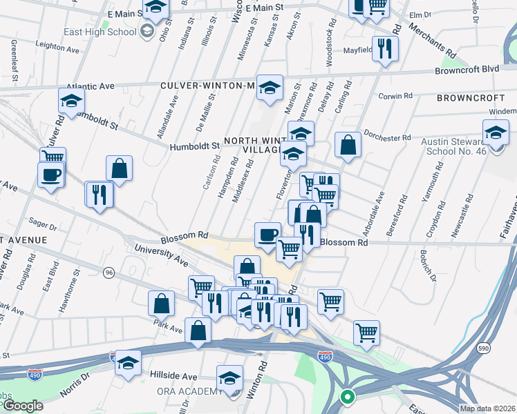 map of restaurants, bars, coffee shops, grocery stores, and more near 47 Floverton Street in Rochester