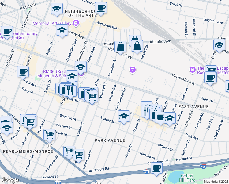 map of restaurants, bars, coffee shops, grocery stores, and more near 25 Vick Park B in Rochester