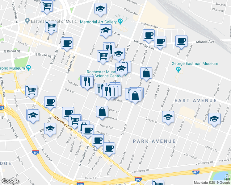 map of restaurants, bars, coffee shops, grocery stores, and more near 254 Park Avenue in Rochester